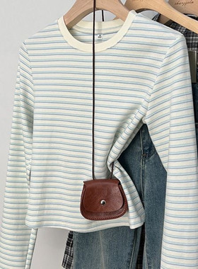 早秋日系正肩蓝白条纹圆领长袖t恤女2026早春学院风长袖上衣女潮