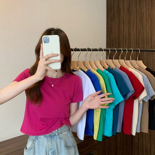 高腰短袖T恤女2025夏季新款糖果色修身短款圆领ins百搭纯色上衣女