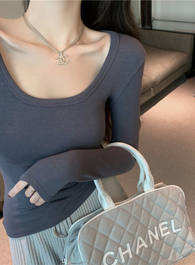灰色螺纹打底衫女内搭2026年春秋新款u领低领长袖T恤女洋气0116r
