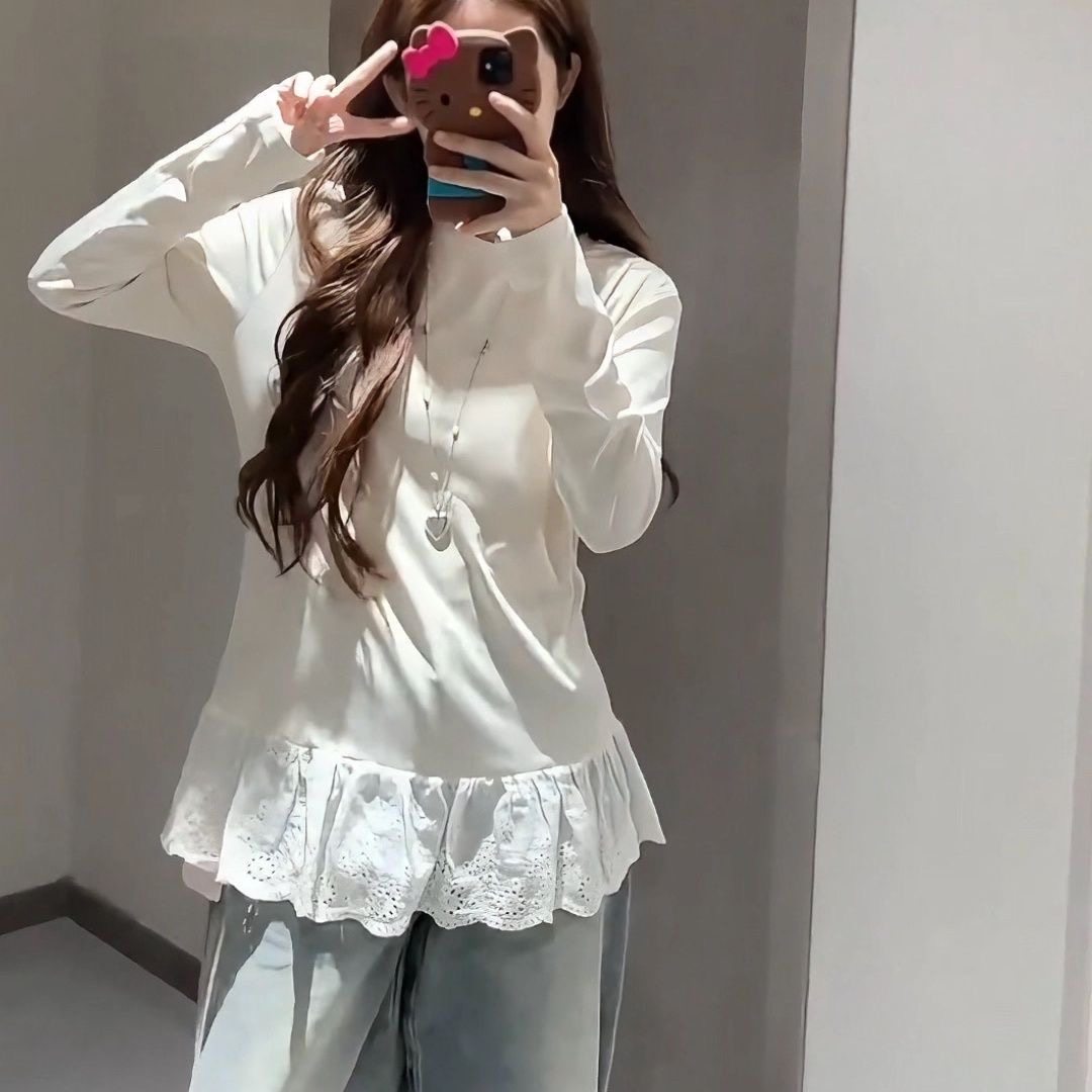 韩系白色蕾丝花边德绒长袖T恤女秋冬洋气别致内搭修身显瘦上衣女,女装/女士精品,衬衫,淘宝优惠券,粉丝福利购,淘宝优惠卷