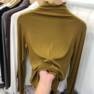 女2026秋冬季 欧货时尚 螺纹木耳边高领长袖 打底衫 百搭纯色内搭 新款