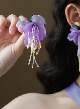 2025新款紫色花朵耳环ins温柔设计小众轻奢气质日系流苏耳饰