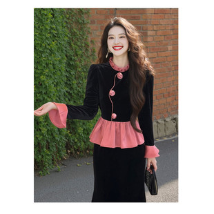 【新年战袍 丝绒连衣裙】26年新春时髦气质撞色假两件鱼尾长裙