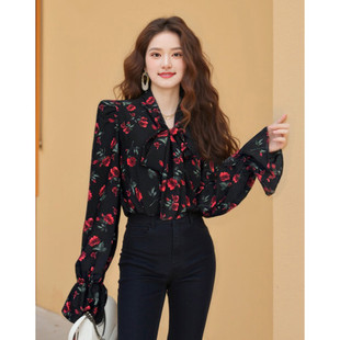 【自信玫瑰】港风气质减龄碎花雪纺衫女时尚宽松显瘦系带长袖衬衫