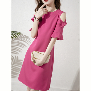 夏季新款甜美温柔裙子露肩小性感连衣裙短袖直筒裙