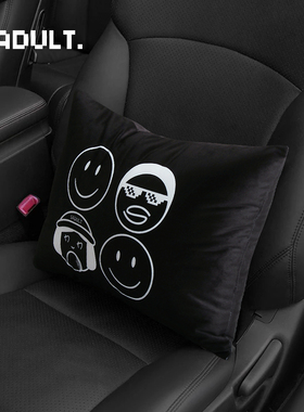 黑色笑脸潮牌汽车腰枕护腰腰靠靠背靠垫车载座椅方形抱枕靠枕四季