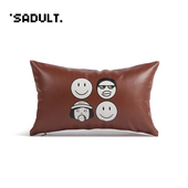sadult棕内饰笑脸车载汽车头枕一对车用座椅护颈枕颈椎枕PU皮四季