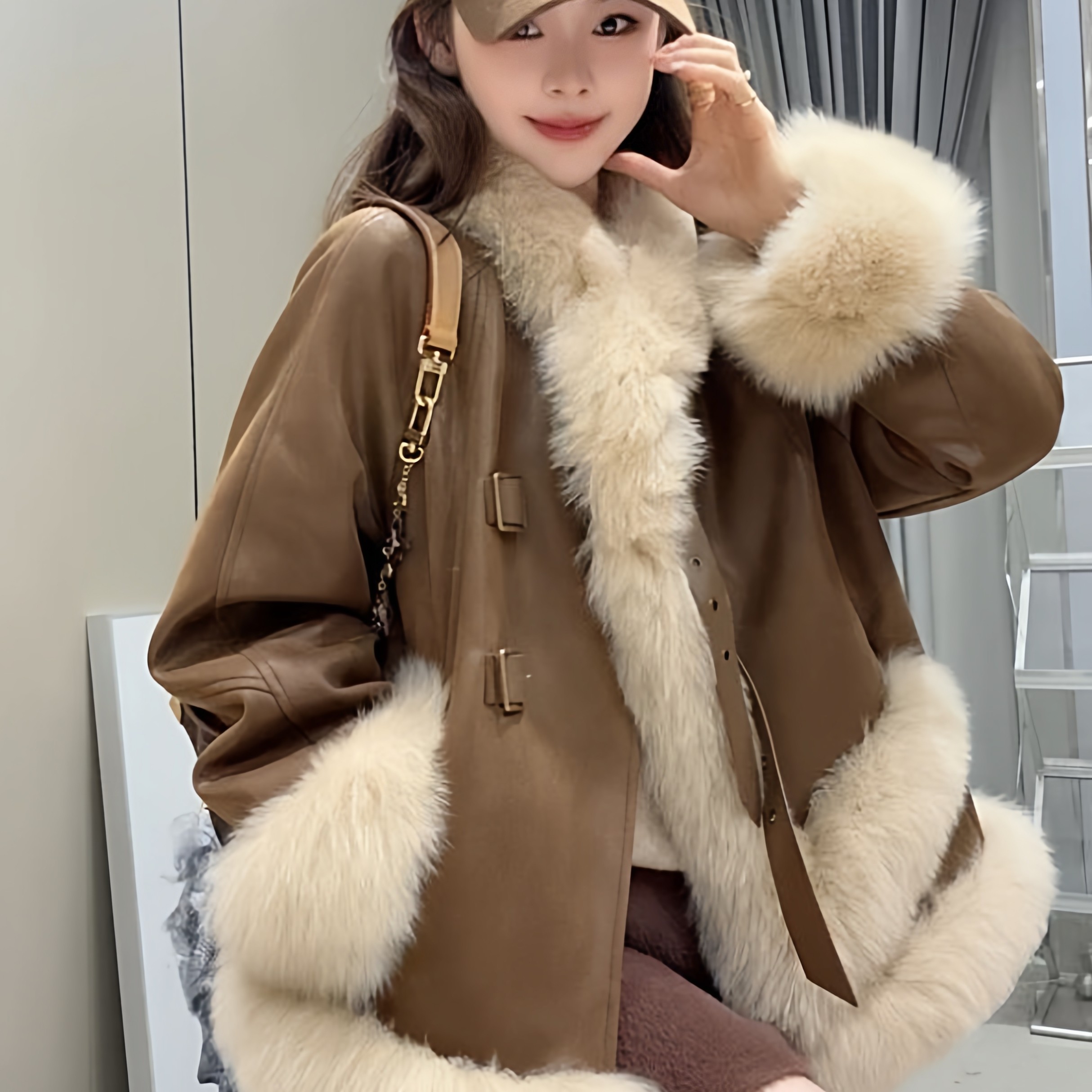 冬季仿貂毛拼接毛领加厚女大衣