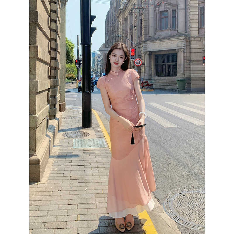 稚菊新中式国风复古改良款立领旗袍女春夏拼接高档修身连衣裙
