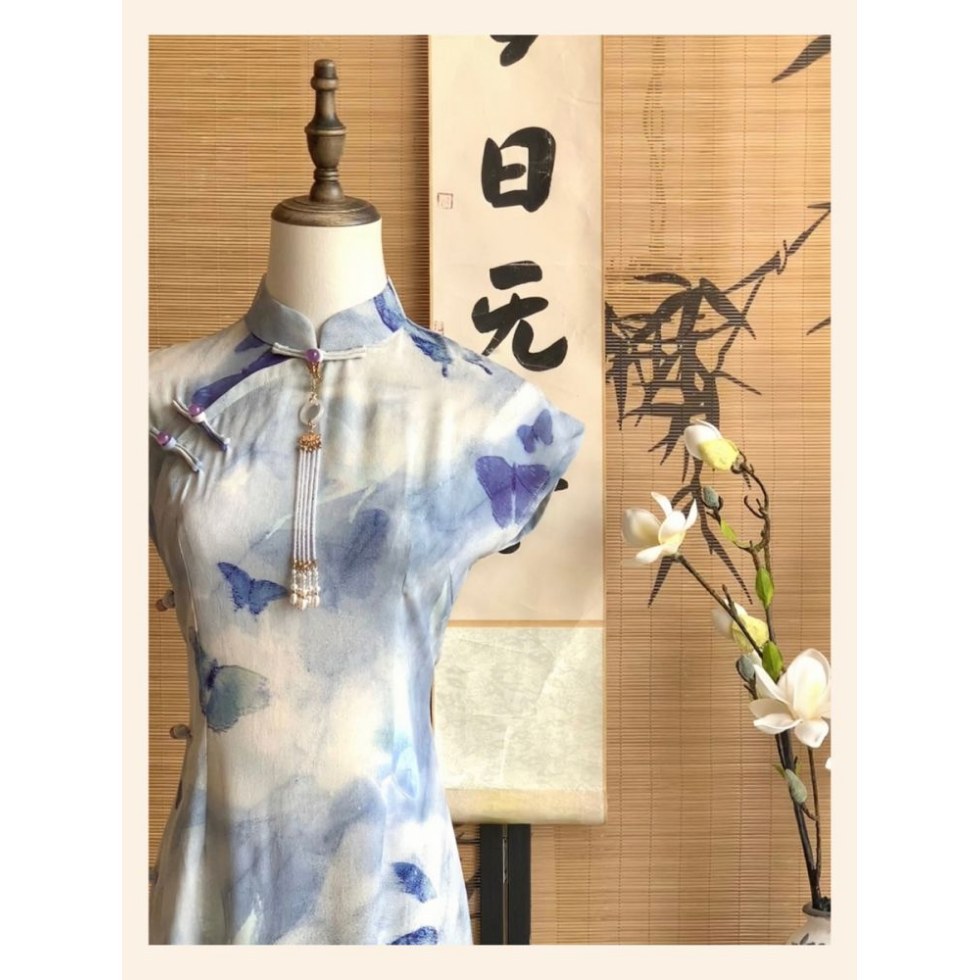戏蝶新中式改良旗袍日常可穿立领短袖蓝色国风连衣裙夏季新款