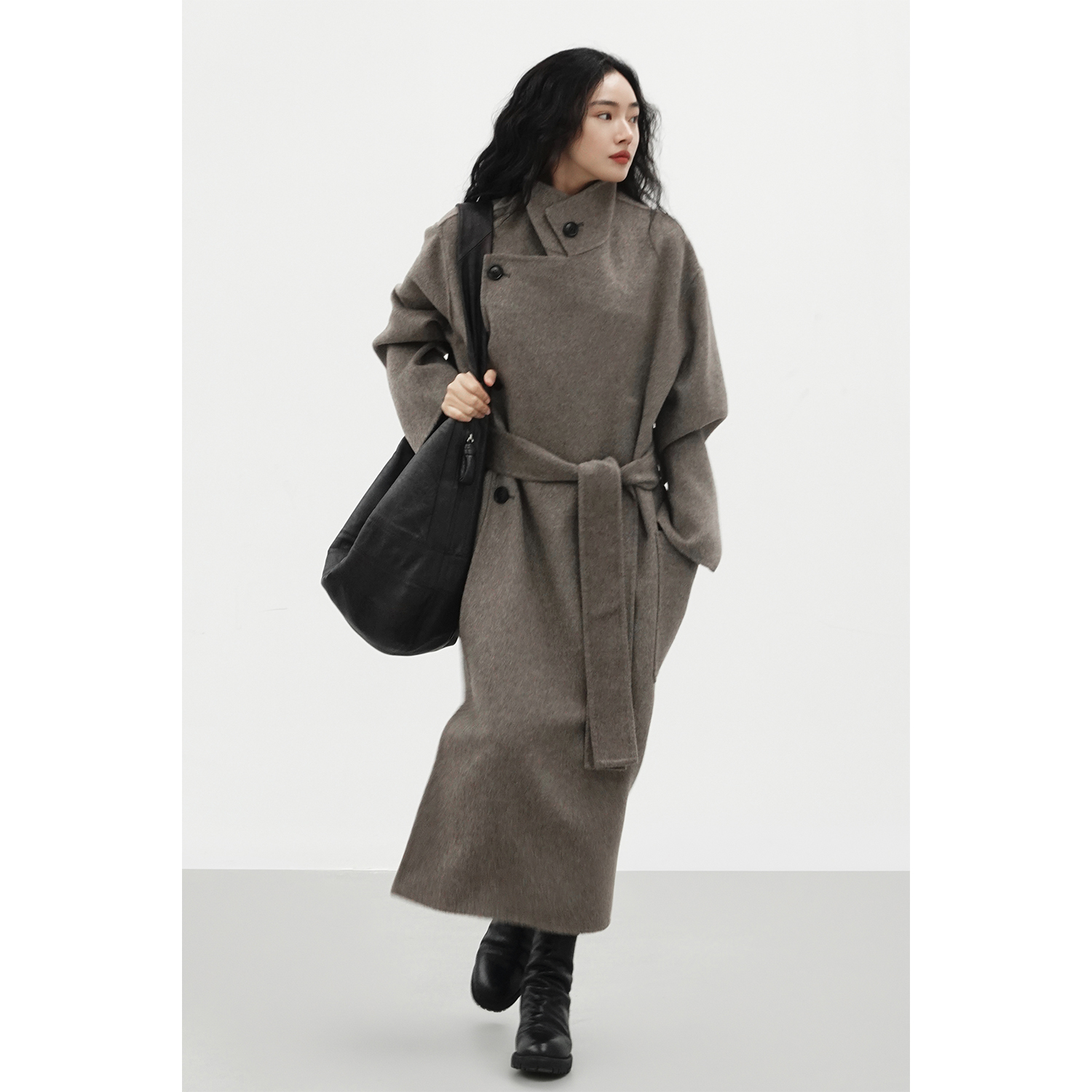 Oase张点 天然无染色100%纯牦牛绒斜门襟直插袋极简大衣外套