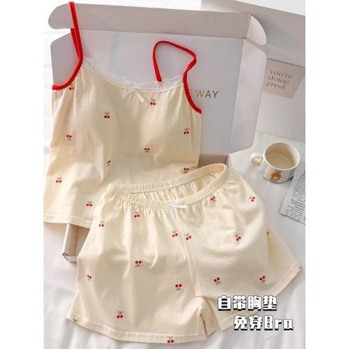 甜美少女软妹纯欲风蕾丝樱桃印花可爱小吊带短裤睡衣套装女带胸垫