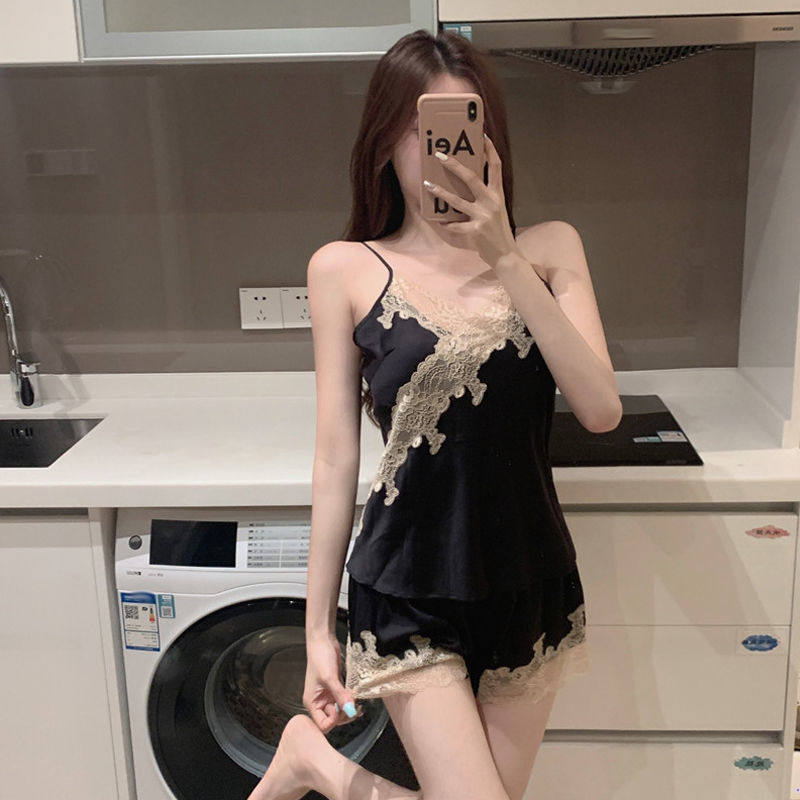 夏季港味chic复古性感蕾丝拼接V领吊带+短裙睡衣大码家居服两件套