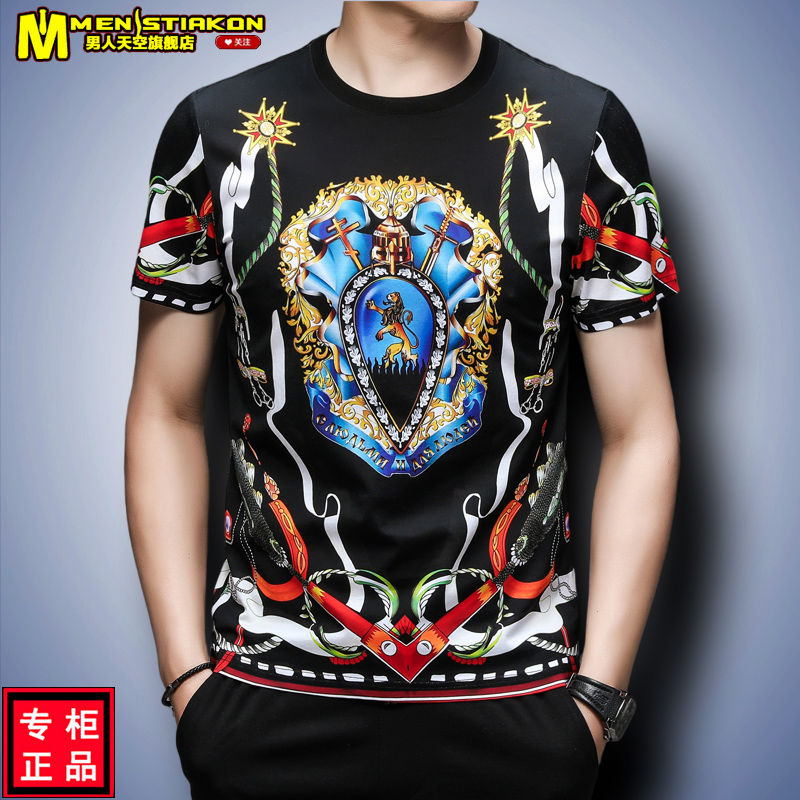 欧洲站纯棉潮牌夏季新款男T恤短袖印花休闲修身半袖男士丝光棉