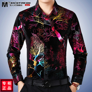 烫金印花宽松中年花衬衣中老年人爸爸装 男士 衬衫 金丝绒长袖 男 秋季