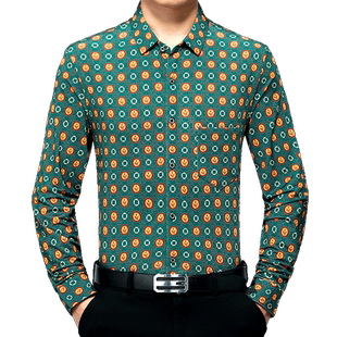 中老年休闲长袖衬衫秋季真口袋男士上衣花衬衣金丝绒爸爸圆点印花