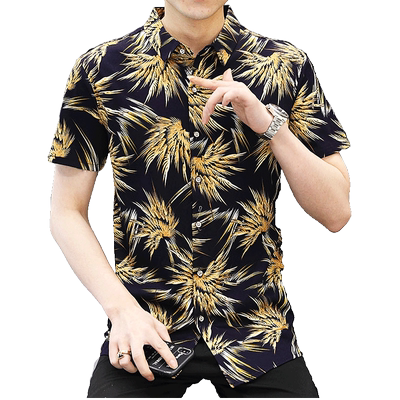 短袖花衬衫夏季男士双丝光棉
