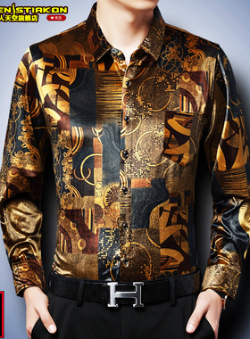 春装新款男士长袖金丝绒衬衫花衬衣春秋款2026中老年爸爸装中年男