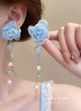 蓝色玫瑰氛围感雪纺仙气花朵耳环高级感长流苏耳坠少女感拍照饰品