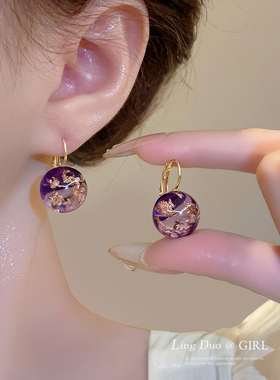 小众设计感紫色清透金箔耳环女2025年新款爆款耳钉适合夏天的耳饰