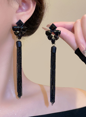 新中式~夸张小众气质黑色流苏长款耳环奢华高贵潮网红高级感耳饰