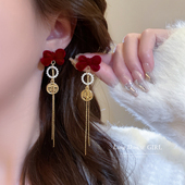 喜乐红丝绒蝴蝶结耳环长款 新娘耳钉复古高级感过年耳饰女 流苏中式