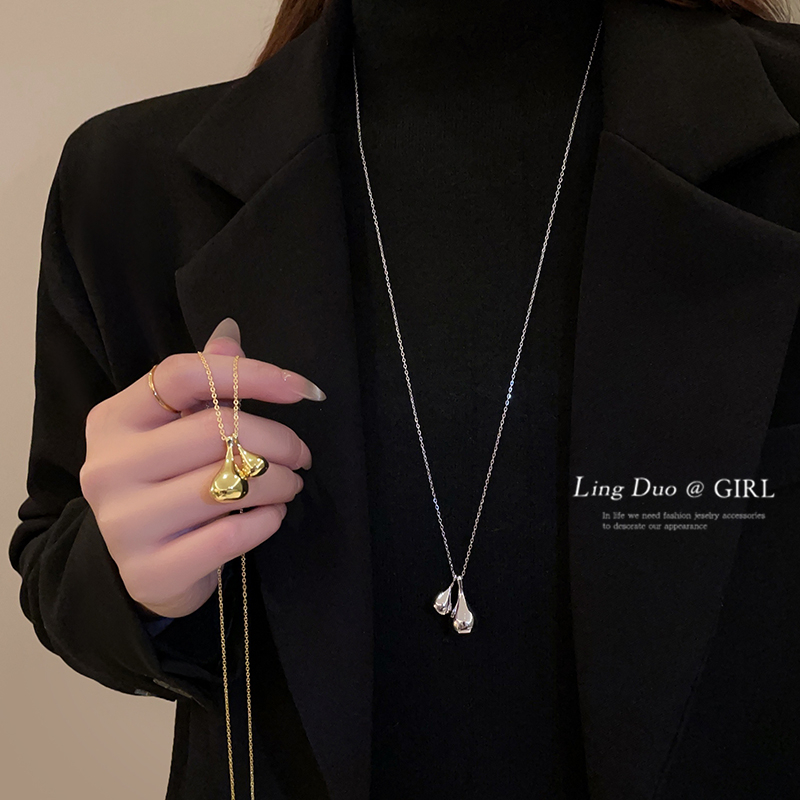 金色水滴双吊坠项链长款