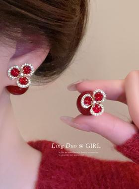 红色闪钻花朵大珍珠耳环女2025新款爆款高级感耳钉独特漂亮耳饰品