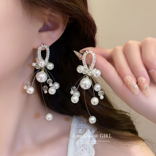 法式精致高级感珍珠闪钻流苏耳钉小众设计感轻奢气质百搭耳环耳饰