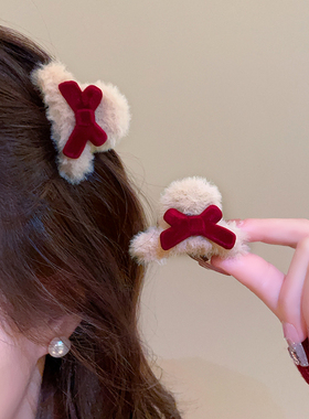 可爱公主头蝴蝶结发夹女侧边秋冬毛绒小抓夹过年红色刘海夹子头饰