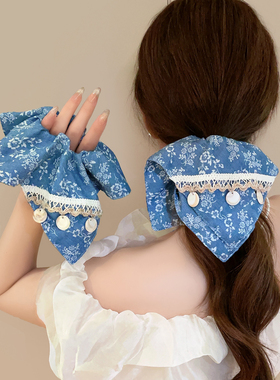 新中式蓝色方巾大肠发圈女新款高级感方形国风头绳超大发饰低马尾