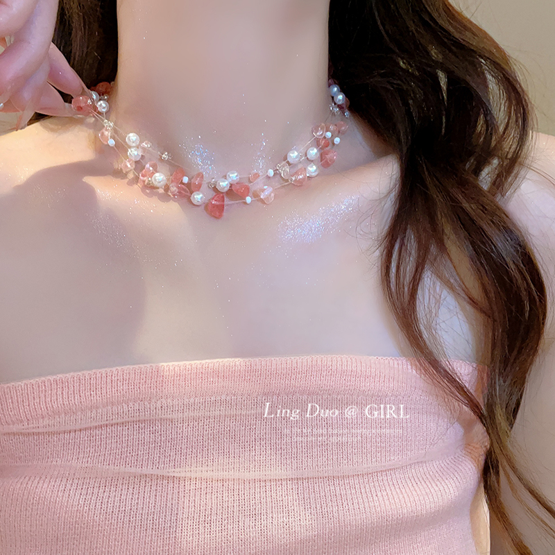碎石珍珠粉色串珠项链女