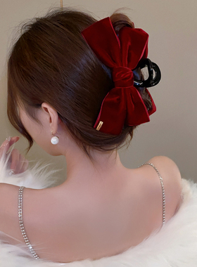 黑色丝绒大蝴蝶结发夹女秋冬2025年新款网红盘发抓夹后脑勺鲨鱼夹