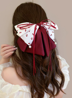 高级感红色蝴蝶结飘带马尾夹时尚百搭超仙后脑勺半扎盘发夹头饰女