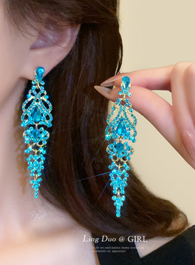 复古法式宫廷风耳钉绿色水钻流苏耳环长款气质时尚耳饰高级耳坠女