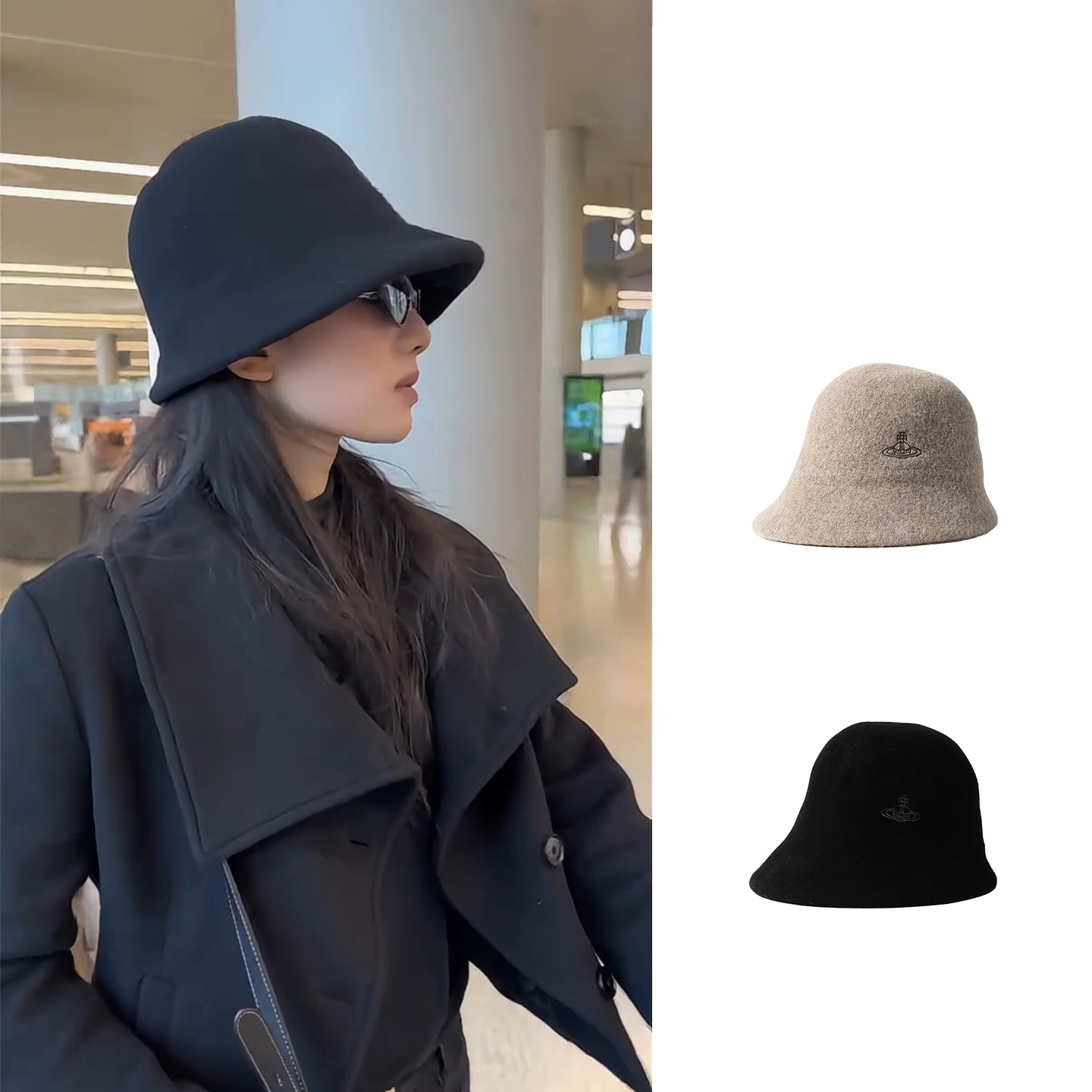 张婧仪同款黑色渔夫帽CA4LA日本土星刺绣100%羊毛帽子女冬季盆帽