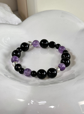 ERSHI尔时｜玄绛 黑玛瑙紫水晶手串手链弹力925银珠简约百搭叠戴