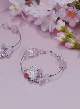 ERSHI尔时｜粉黛 原创设计粉水晶樱花玛瑙925银可调节可拆卸手镯