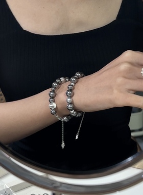 ERSHI尔时｜玄色 原创设计灰黑色珍珠s925银手链手串可调节长度