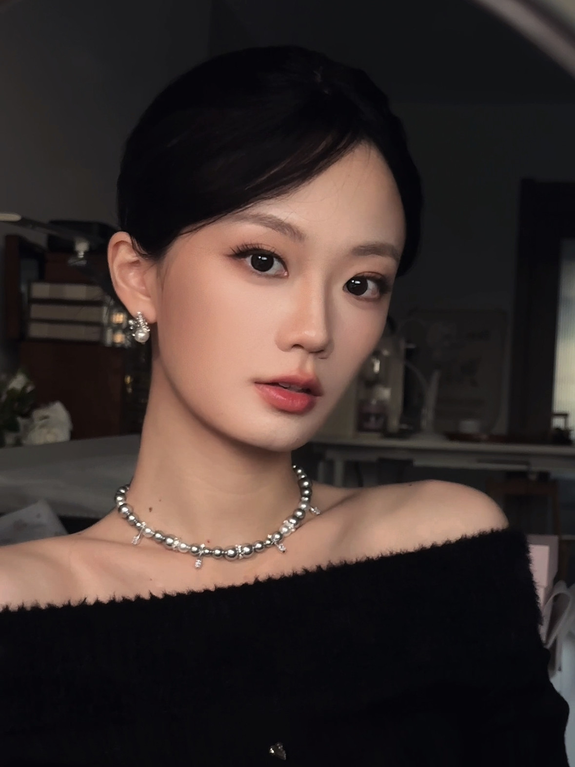 ERSHI尔时｜飞羽 原创设计亚麻灰珍珠s925银项链锁骨链可调节长度