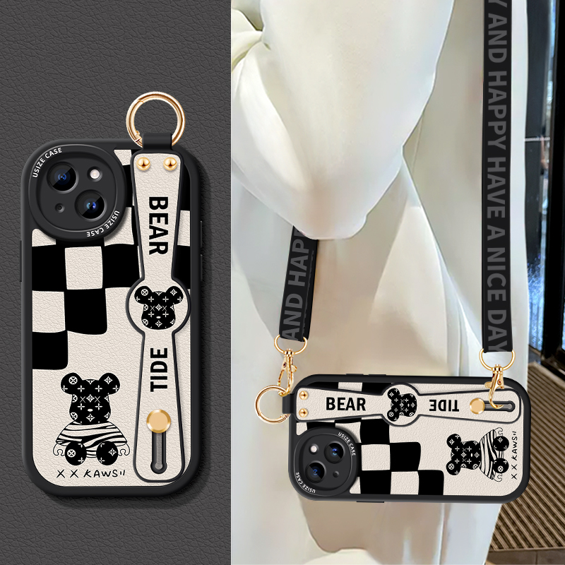 适用苹果15promax腕带手机壳iphone14新女款13挂绳12斜挎11保护套xs硅胶软8全包xr可背6s防摔7磨砂plus潮牌熊