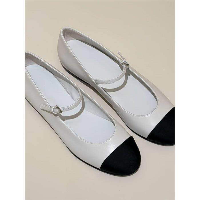 法式复古风拼色圆头一字扣玛丽珍平底单鞋女真皮气质羊皮白色女鞋,女鞋,玛丽珍鞋,淘宝优惠券,粉丝福利购,淘宝优惠卷