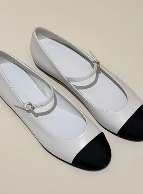 cocy法式复古风拼色圆头一字扣玛丽珍平底单鞋女真皮气质羊皮白色