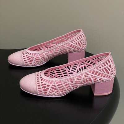 cocy法式镂空编织粗跟浅口单鞋女透气舒适真皮底圆头芭蕾鞋高跟鞋