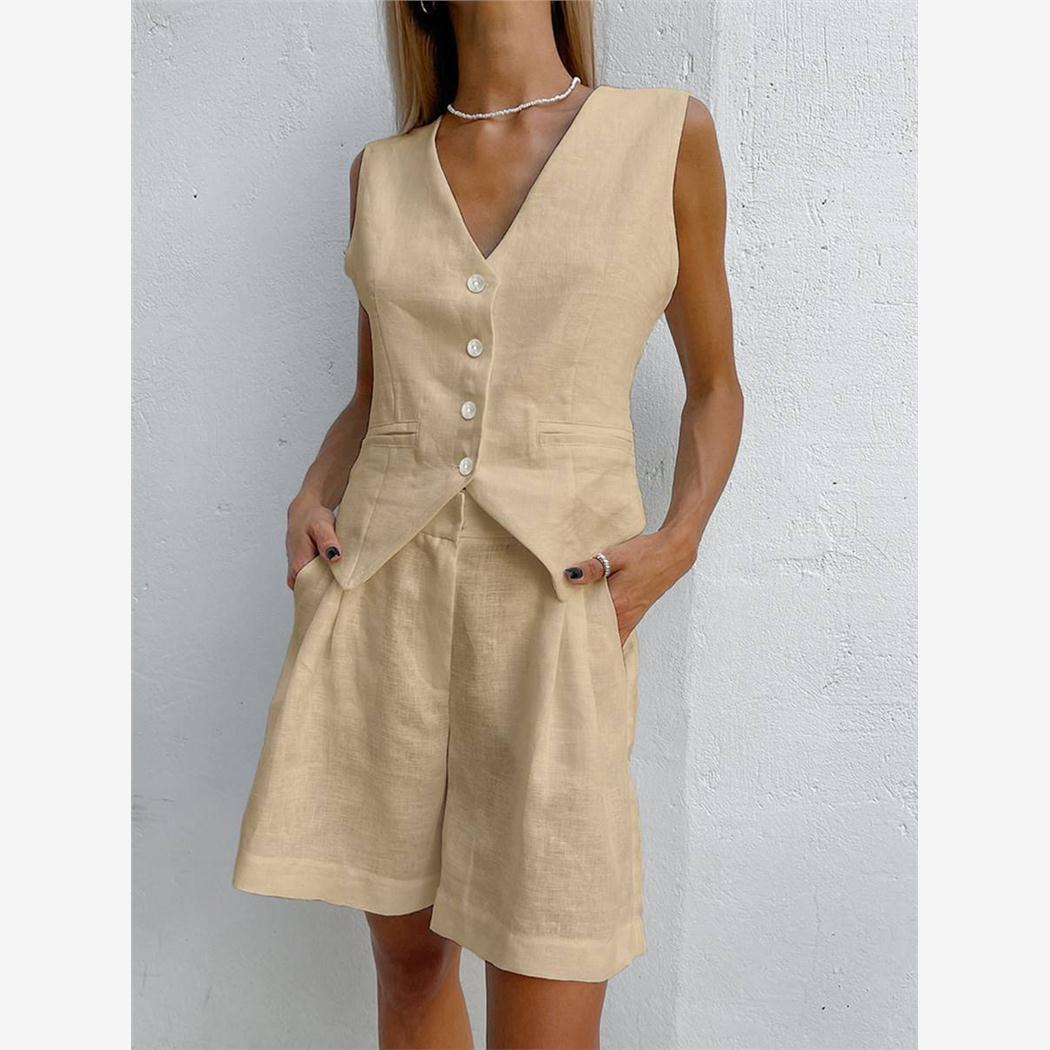棉麻西装马甲套装女装夏季休闲无袖背心短裤两件套vest short set