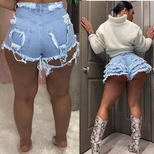 破洞回头库磨边荷叶边牛仔超短裤热裤性感女休闲裤Jean shorts