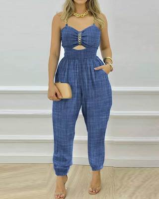 Chain Strap Cutout Shirred Jumpsuit性感链条肩带打揽连体裤女