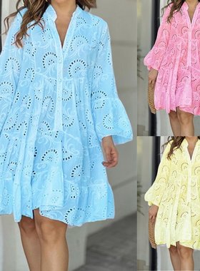 Plus Size Summer fashion Women Dress S-5XL 纯色宽松V领连衣裙