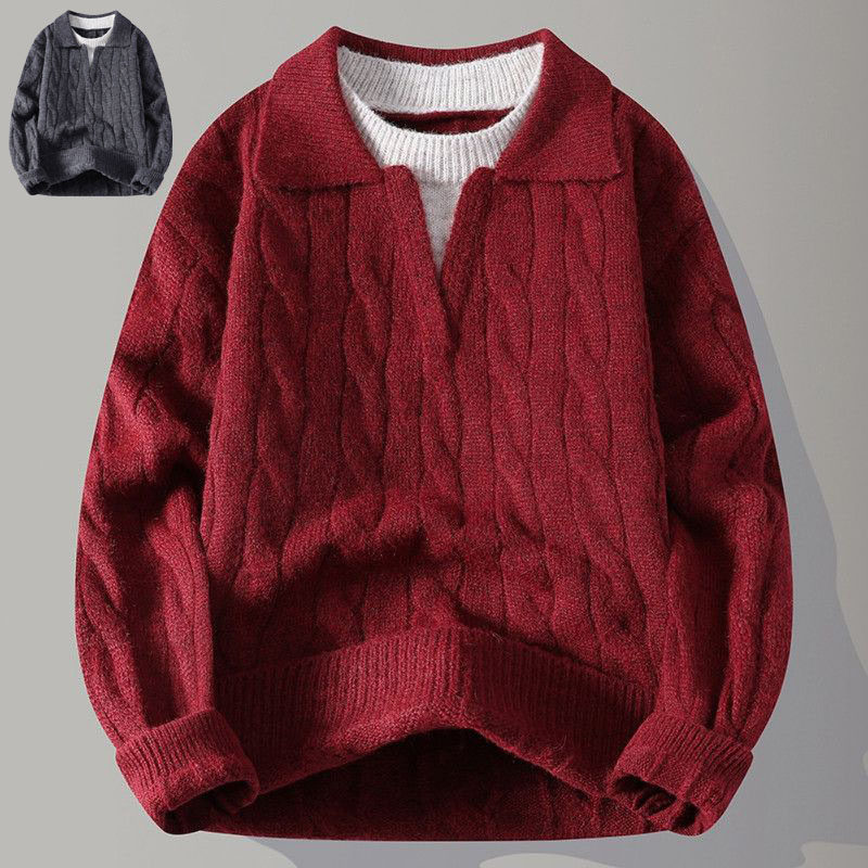 青少年大红色毛衣秋冬季男加厚高级感粗麻花针织外套蛇年情侣线衣