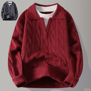 青少年大红色毛衣秋冬季男加厚高级感粗麻花针织外套蛇年情侣线衣
